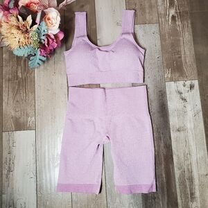 NWT QINSEN Seamless Ribbed Crop Tank Bra Shorts 2pc Yoga Set Women Size Small